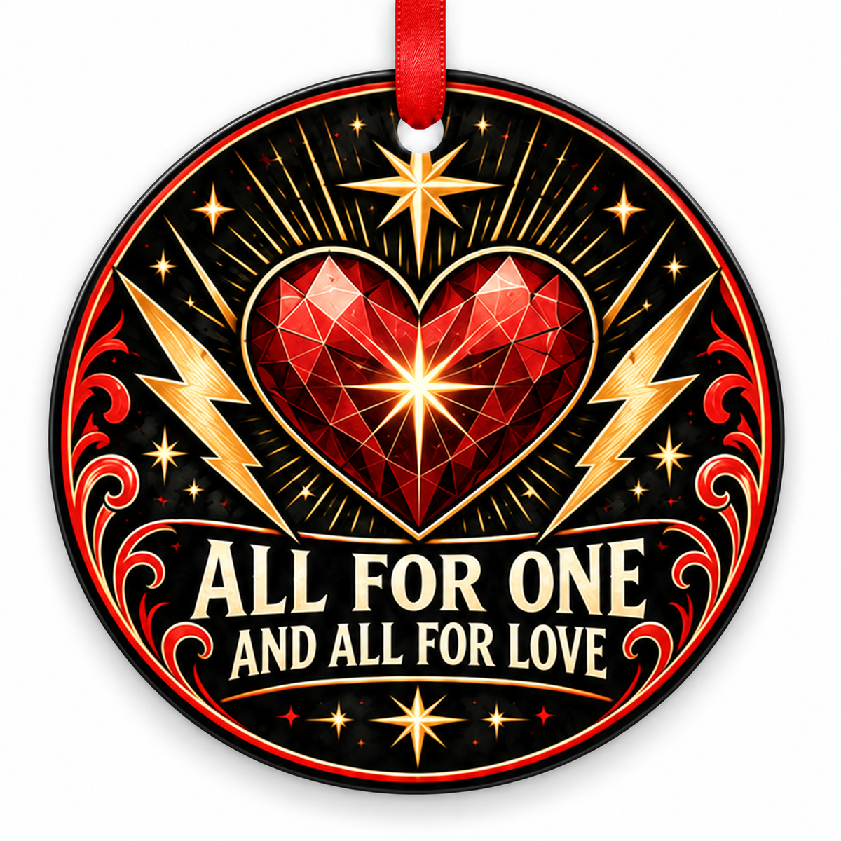 All for One & All for Love Rock Heart Ornament with red hanging ribbon