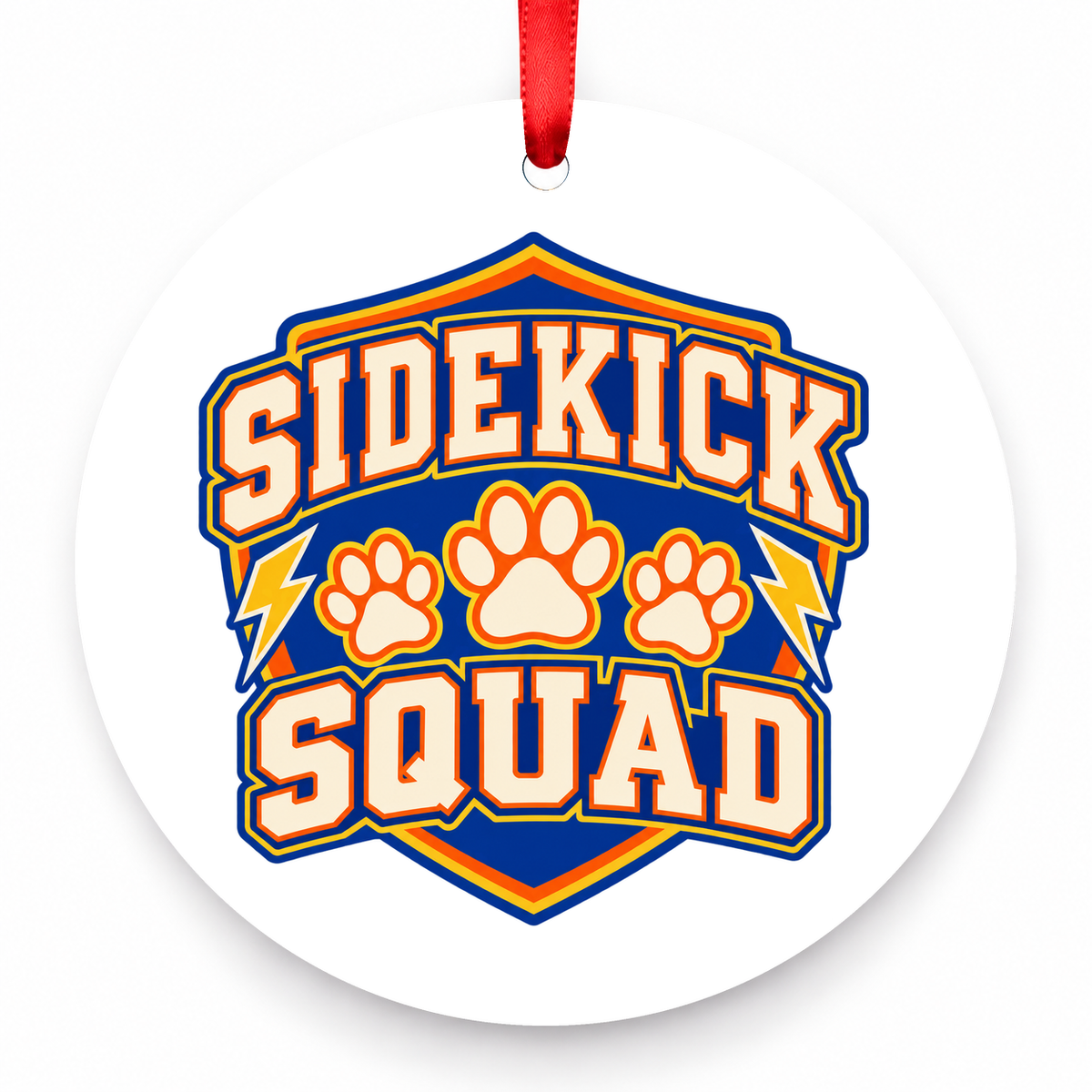 Sidekick Squad Christmas Ornament with red hanging ribbon
