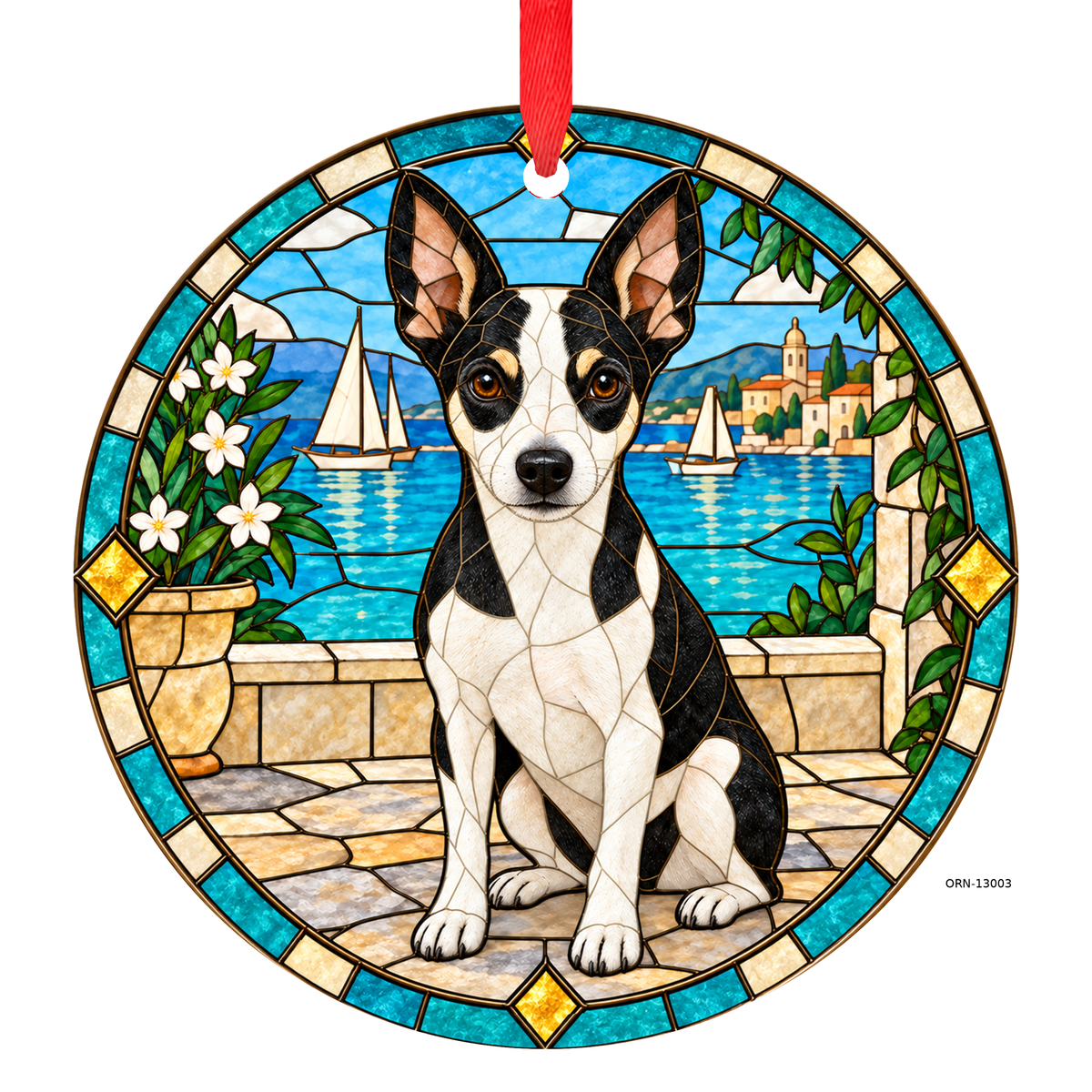 Black and White Harbor Valencian Terrier stained glass style porcelain Christmas ornament with red ribbon