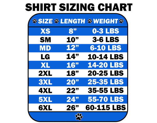 Pet shirt sizing chart with weight and length details
